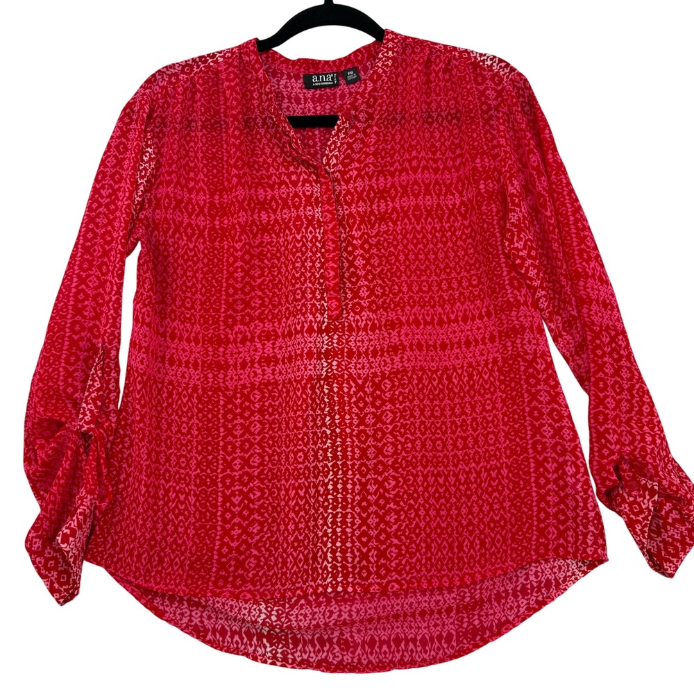 a.n.a A New Approach Red Pink Geometric Ikat Print Roll Tab Blouse Petite Medium